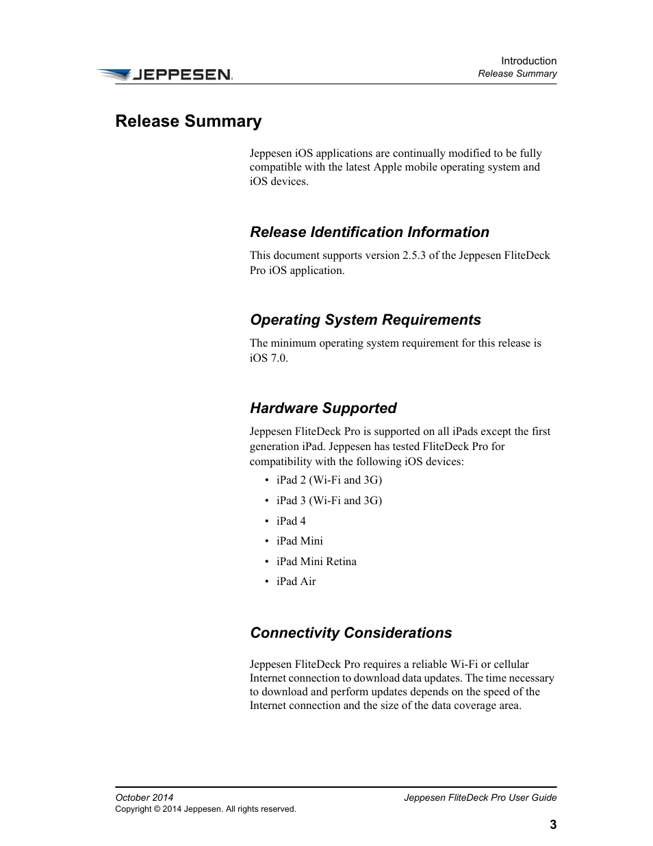 Release summary, Release identification information, Operating system requirements | Hardware supported, Connectivity considerations | Jeppesen FliteDeck Pro (iOS) User Manual | Page 10 / 59