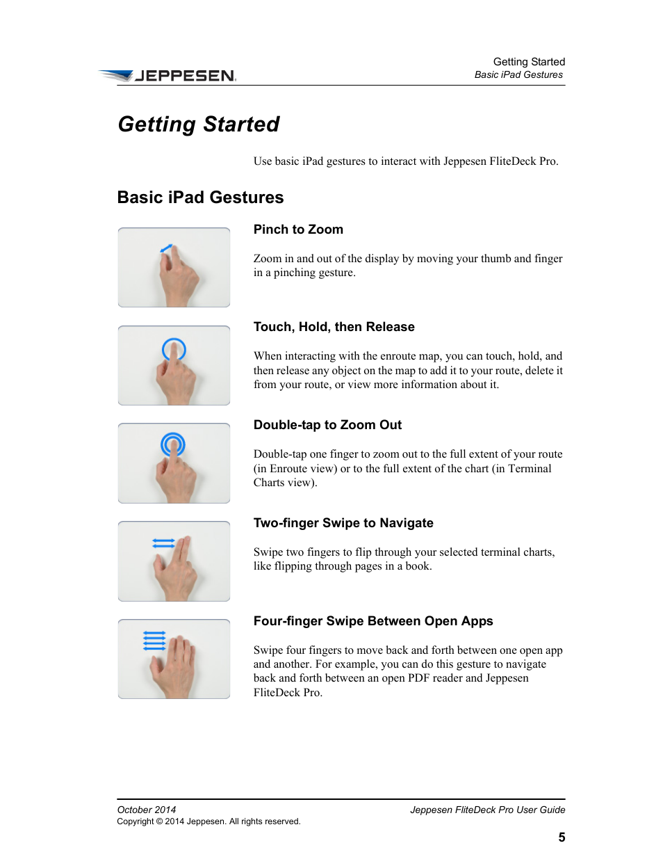 Getting started, Basic ipad gestures | Jeppesen FliteDeck Pro (iOS) User Manual | Page 12 / 59