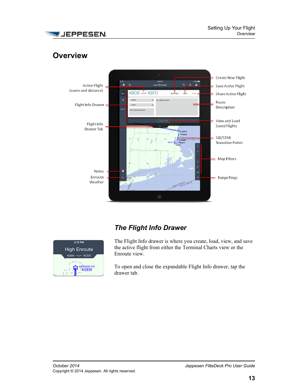 Overview, The flight info drawer | Jeppesen FliteDeck Pro (iOS) User Manual | Page 20 / 59