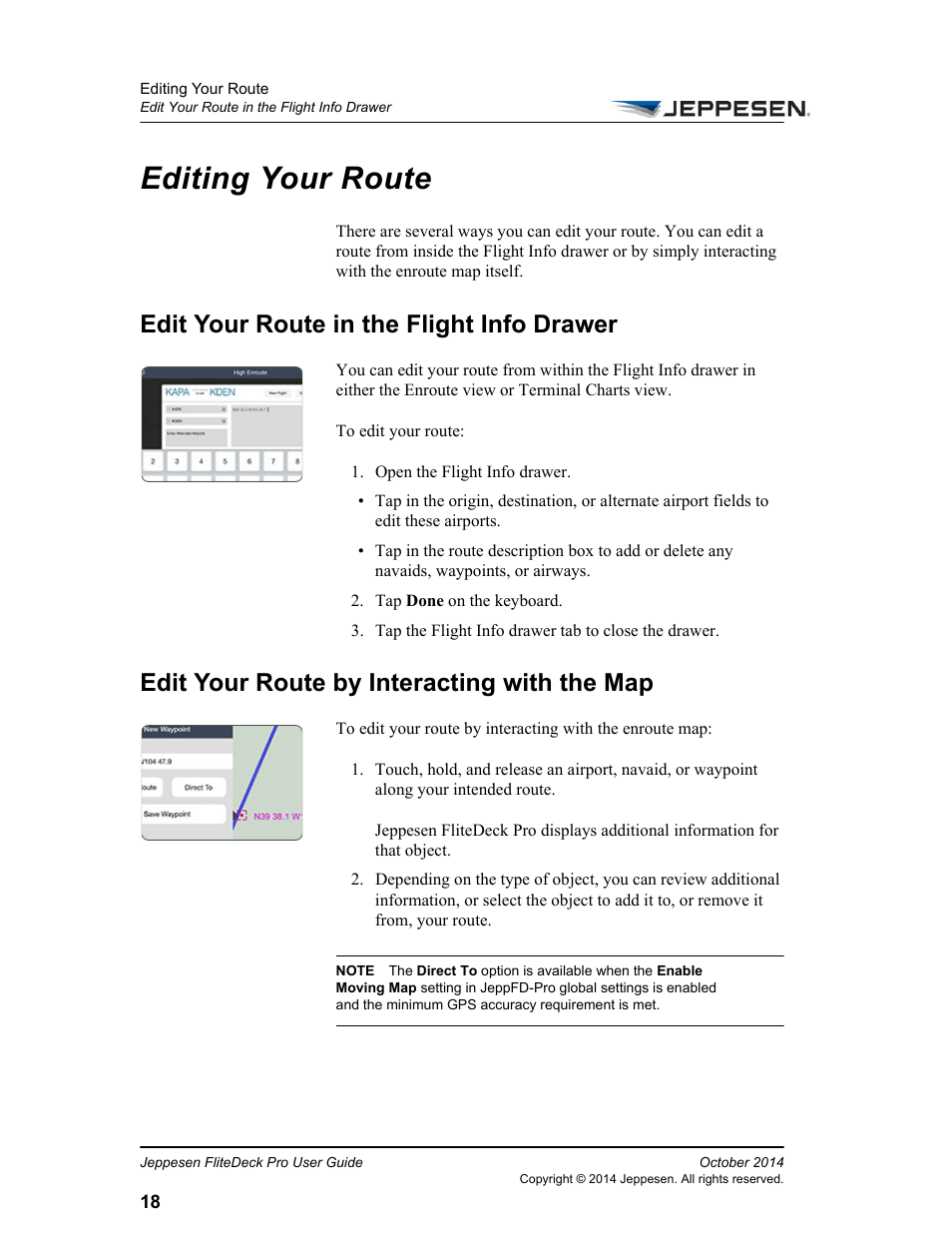 Editing your route, Edit your route in the flight info drawer, Edit your route by interacting with the map | Jeppesen FliteDeck Pro (iOS) User Manual | Page 25 / 59