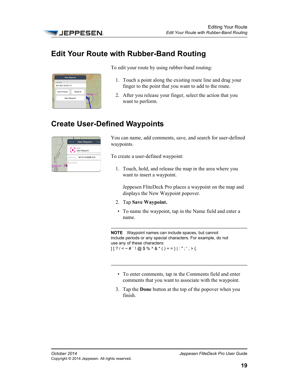 Edit your route with rubber-band routing, Create user-defined waypoints | Jeppesen FliteDeck Pro (iOS) User Manual | Page 26 / 59