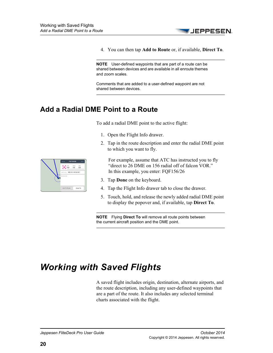 Add a radial dme point to a route, Working with saved flights | Jeppesen FliteDeck Pro (iOS) User Manual | Page 27 / 59