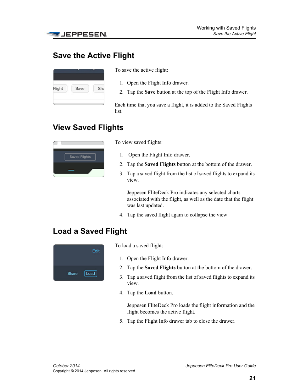 Save the active flight, View saved flights, Load a saved flight | Jeppesen FliteDeck Pro (iOS) User Manual | Page 28 / 59