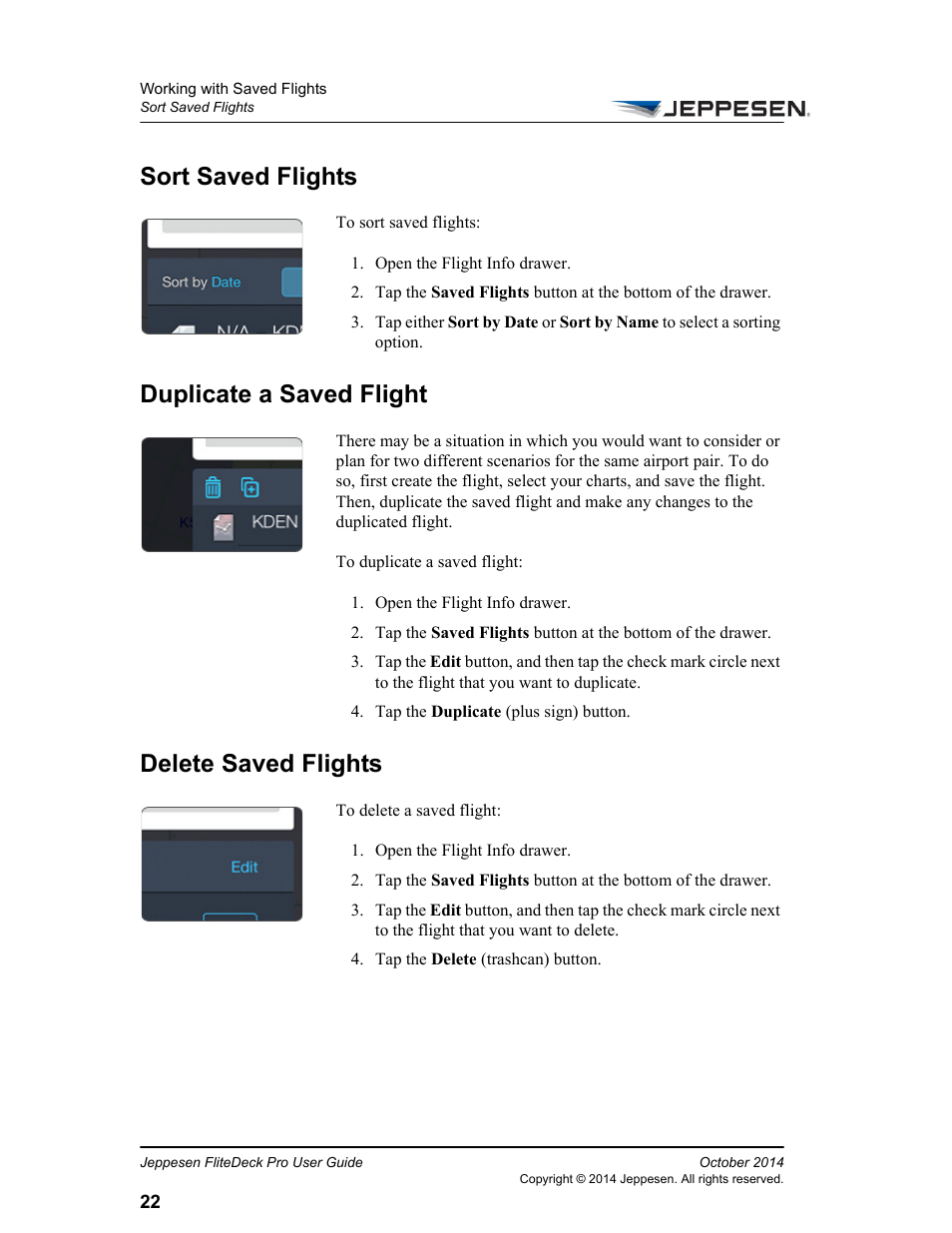 Sort saved flights, Duplicate a saved flight, Delete saved flights | Jeppesen FliteDeck Pro (iOS) User Manual | Page 29 / 59