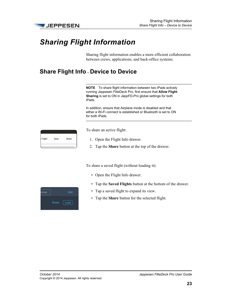 Sharing flight information, Share flight info – device to device, Share flight info | Device to device | Jeppesen FliteDeck Pro (iOS) User Manual | Page 30 / 59