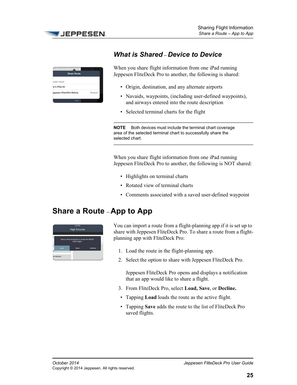 What is shared – device to device, Share a route – app to app, Share a route | App to app, What is shared, Device to device | Jeppesen FliteDeck Pro (iOS) User Manual | Page 32 / 59