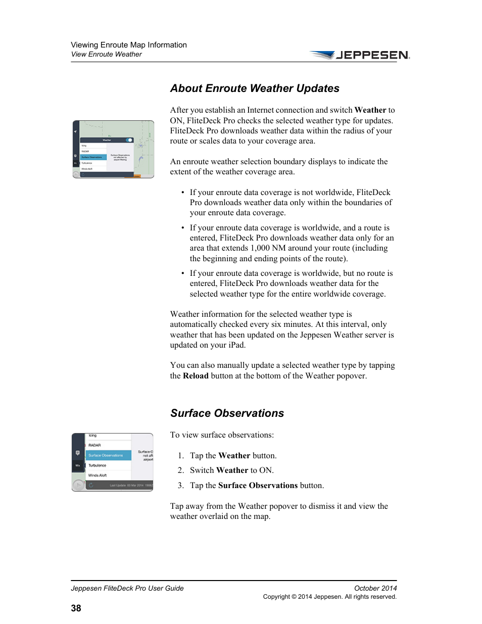 About enroute weather updates, Surface observations | Jeppesen FliteDeck Pro (iOS) User Manual | Page 45 / 59