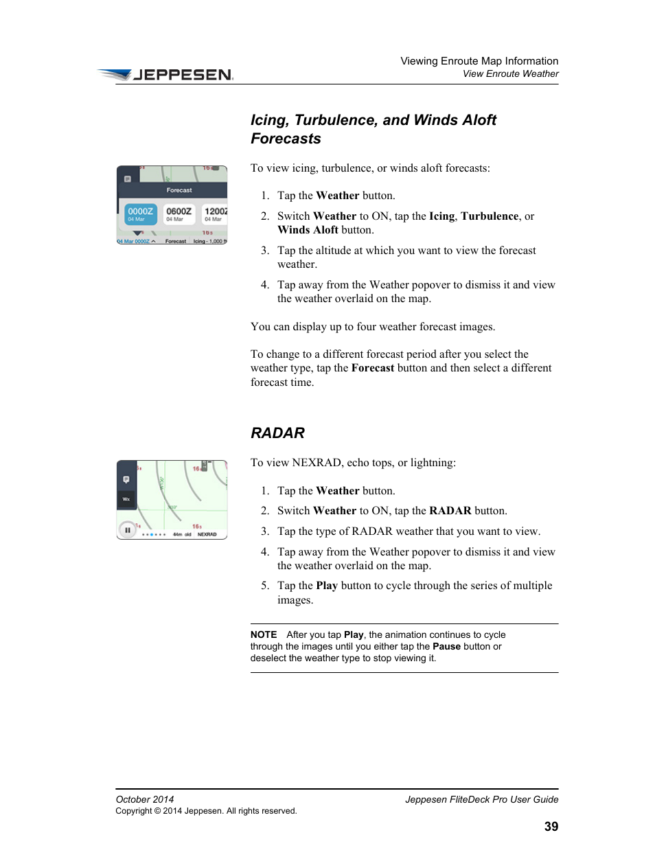 Icing, turbulence, and winds aloft forecasts, Radar | Jeppesen FliteDeck Pro (iOS) User Manual | Page 46 / 59