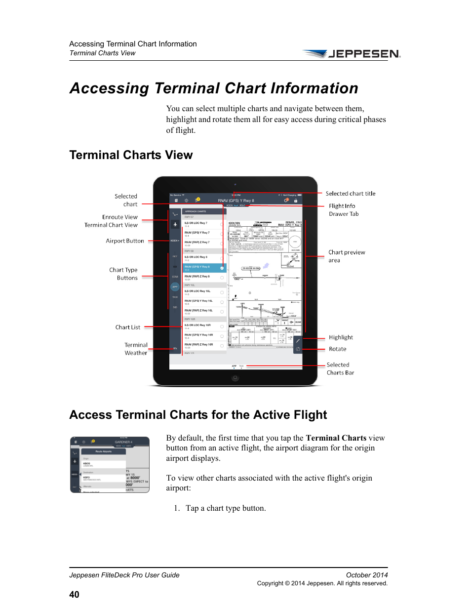 Accessing terminal chart information, Terminal charts view, Access terminal charts for the active flight | Jeppesen FliteDeck Pro (iOS) User Manual | Page 47 / 59