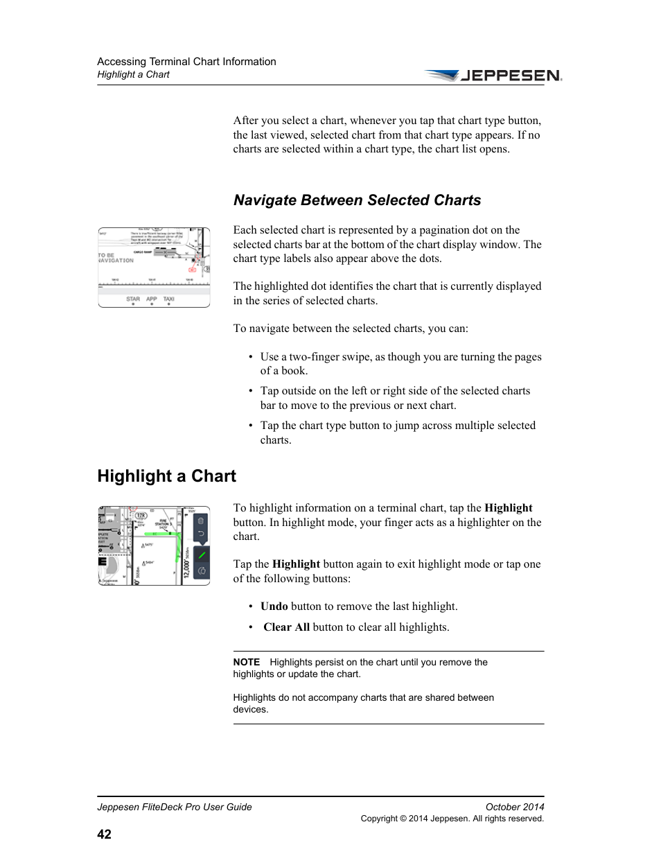 Navigate between selected charts, Highlight a chart | Jeppesen FliteDeck Pro (iOS) User Manual | Page 49 / 59