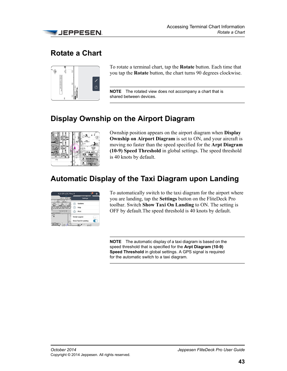 Rotate a chart, Display ownship on the airport diagram, Automatic display of the taxi diagram upon landing | Jeppesen FliteDeck Pro (iOS) User Manual | Page 50 / 59
