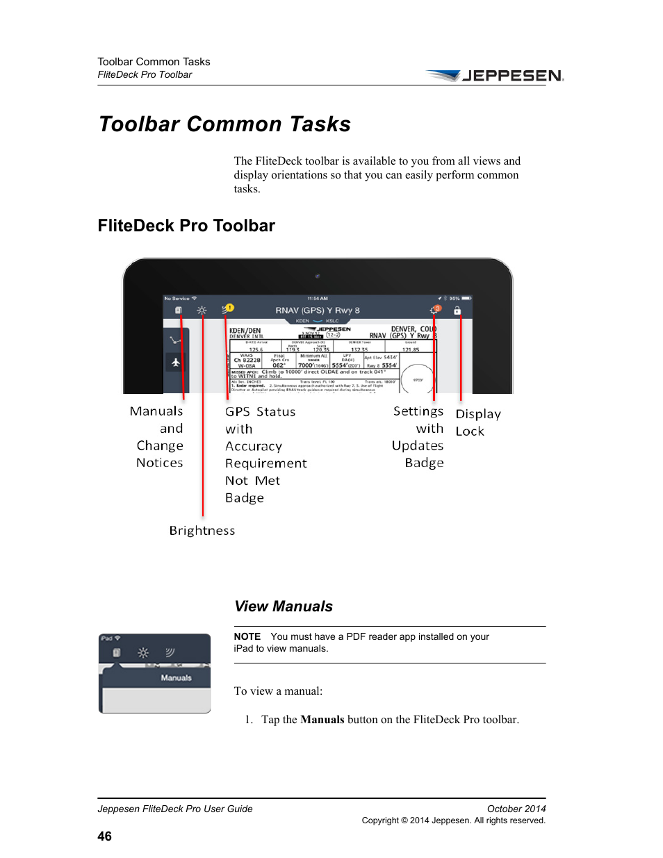 Toolbar common tasks, Flitedeck pro toolbar, View manuals | Jeppesen FliteDeck Pro (iOS) User Manual | Page 53 / 59