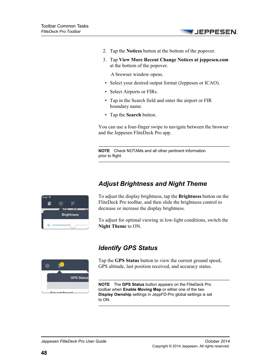 Adjust brightness and night theme, Identify gps status | Jeppesen FliteDeck Pro (iOS) User Manual | Page 55 / 59