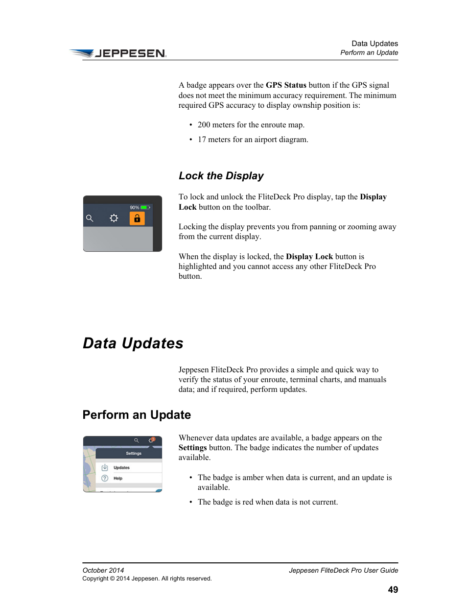 Lock the display, Data updates, Perform an update | Jeppesen FliteDeck Pro (iOS) User Manual | Page 56 / 59
