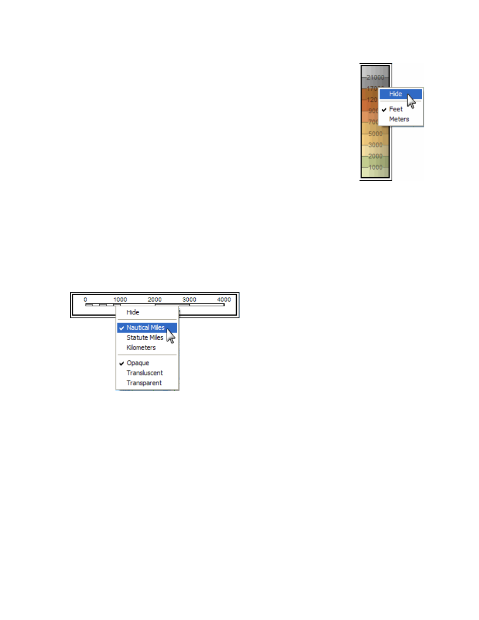 Displaying and hiding the scale and legend, Moving the scale and legend, Displaying different units | Changing the graphic scale transparency | Jeppesen JeppView 3 User Manual | Page 129 / 273