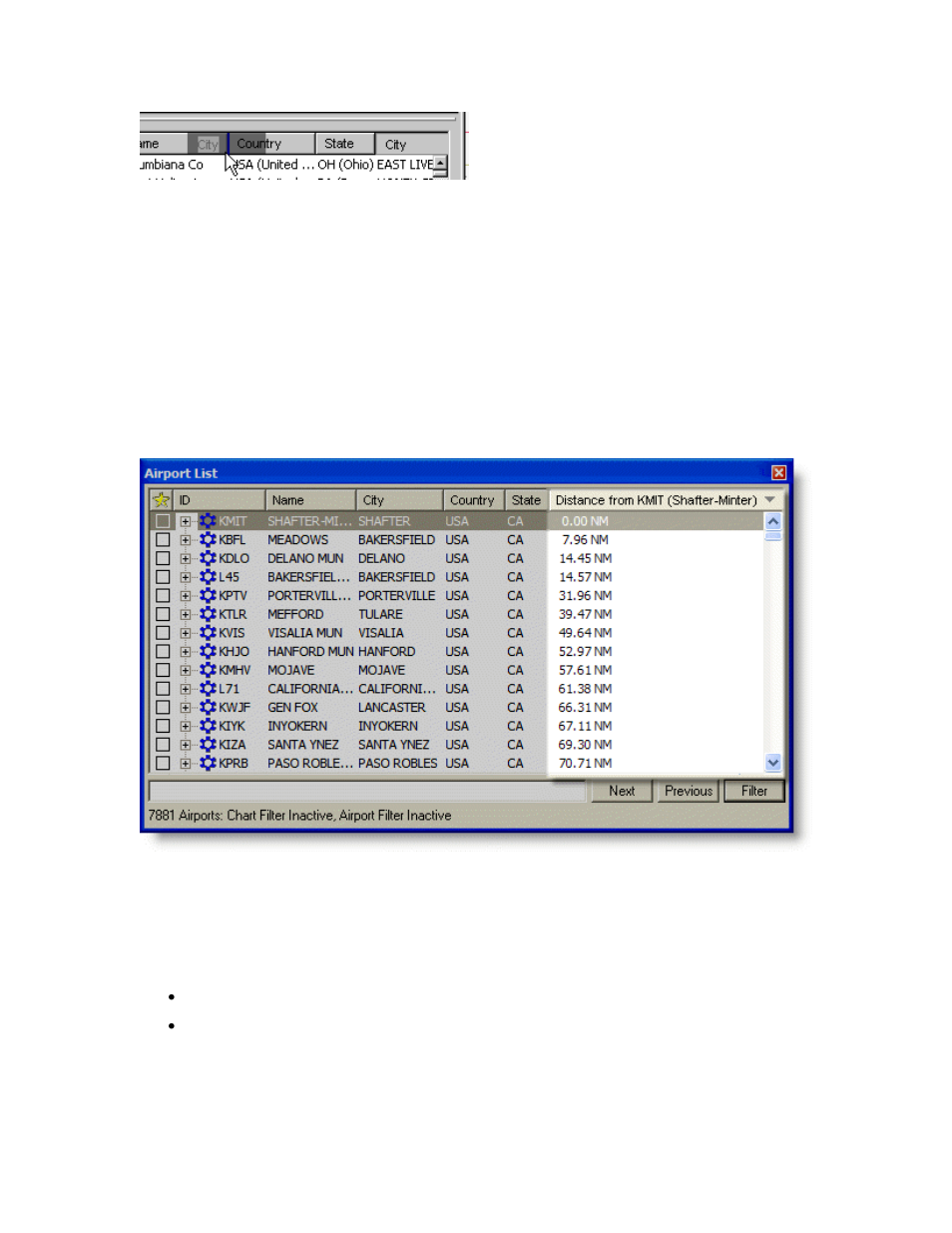 Sorting by distance, Centering on an airport, Sorting by | Distance from, Distance filter | Jeppesen JeppView 3 User Manual | Page 132 / 273