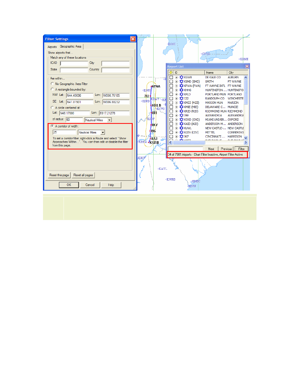 Filtering airports using the enroute chart, Using the enroute chart view to apply geographic, Filters | Using the enroute chart view to apply, Geographic filters | Jeppesen JeppView 3 User Manual | Page 151 / 273