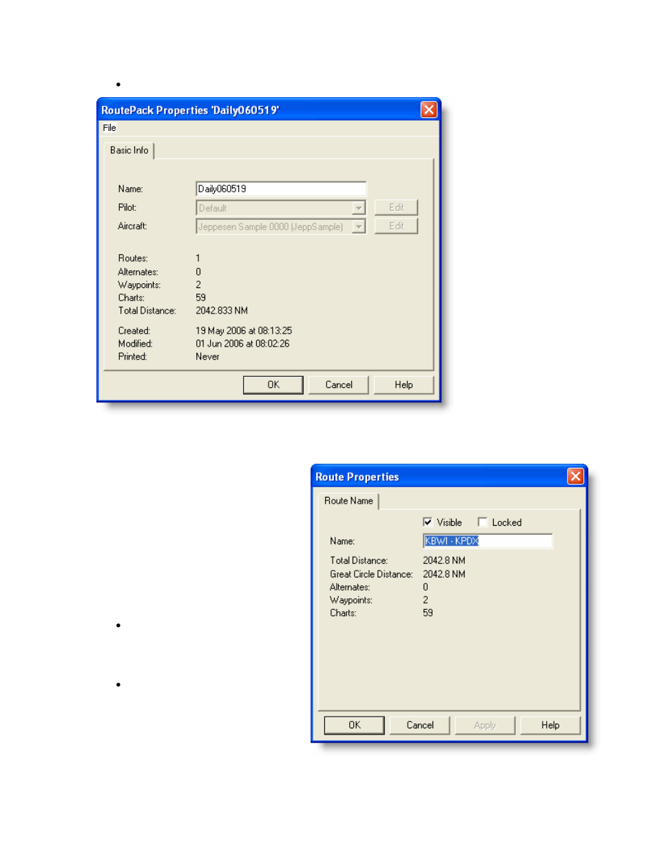 Route properties, Properties, Route properties dialog box | Jeppesen JeppView 3 User Manual | Page 206 / 273