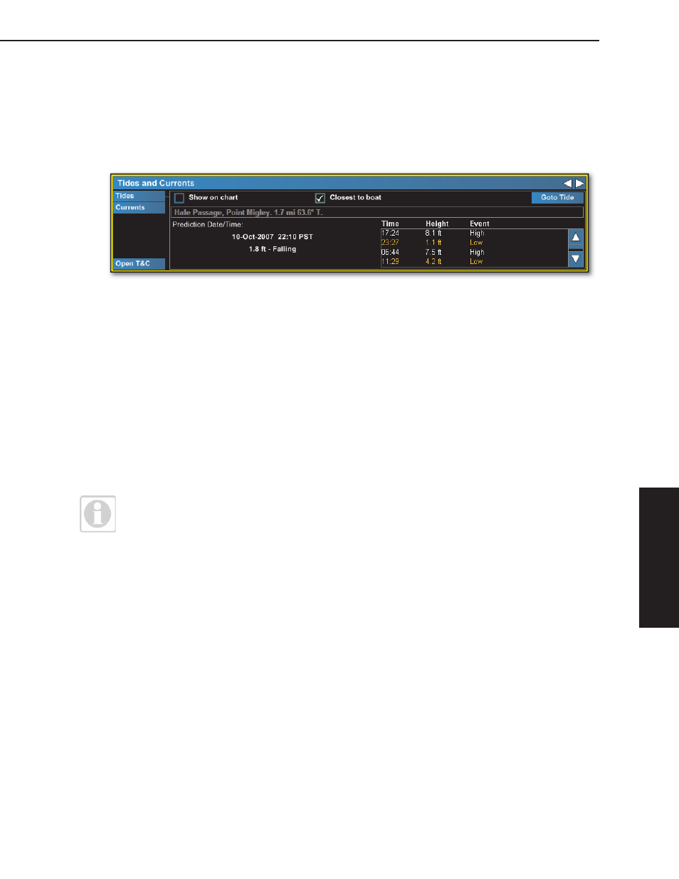 Tides & currents sysinfo panel | Jeppesen Marine Workboat Navigator 1.3 User Manual | Page 145 / 166