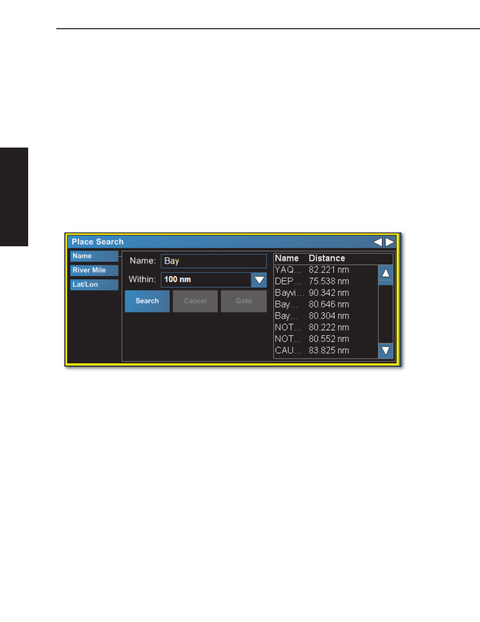 Place name search panel, Status panel | Jeppesen Marine Workboat Navigator 1.3 User Manual | Page 60 / 166