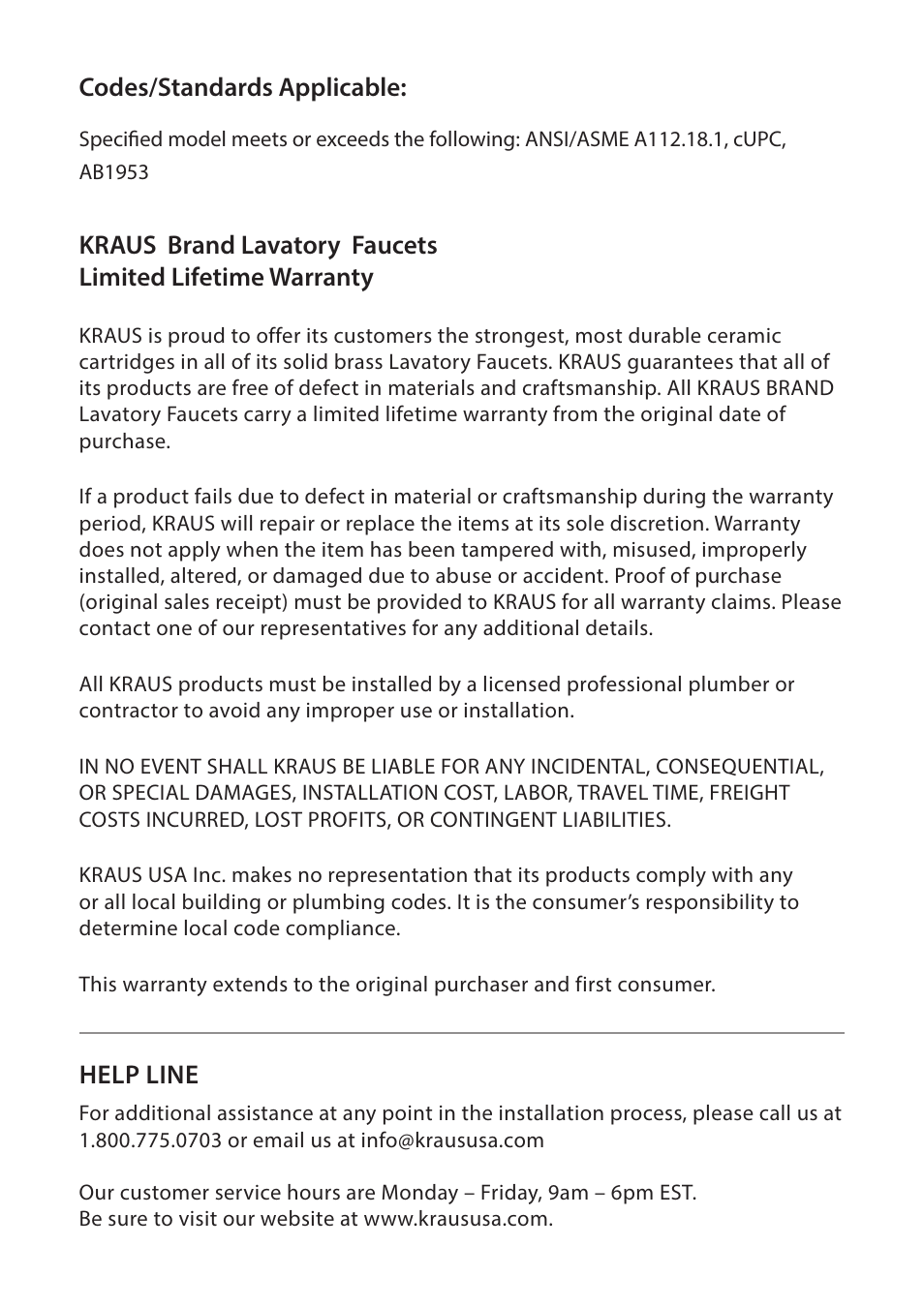 Help line, Codes/standards applicable | Kraus KHU123-32-KPF1602-KSD30 User Manual | Page 11 / 12