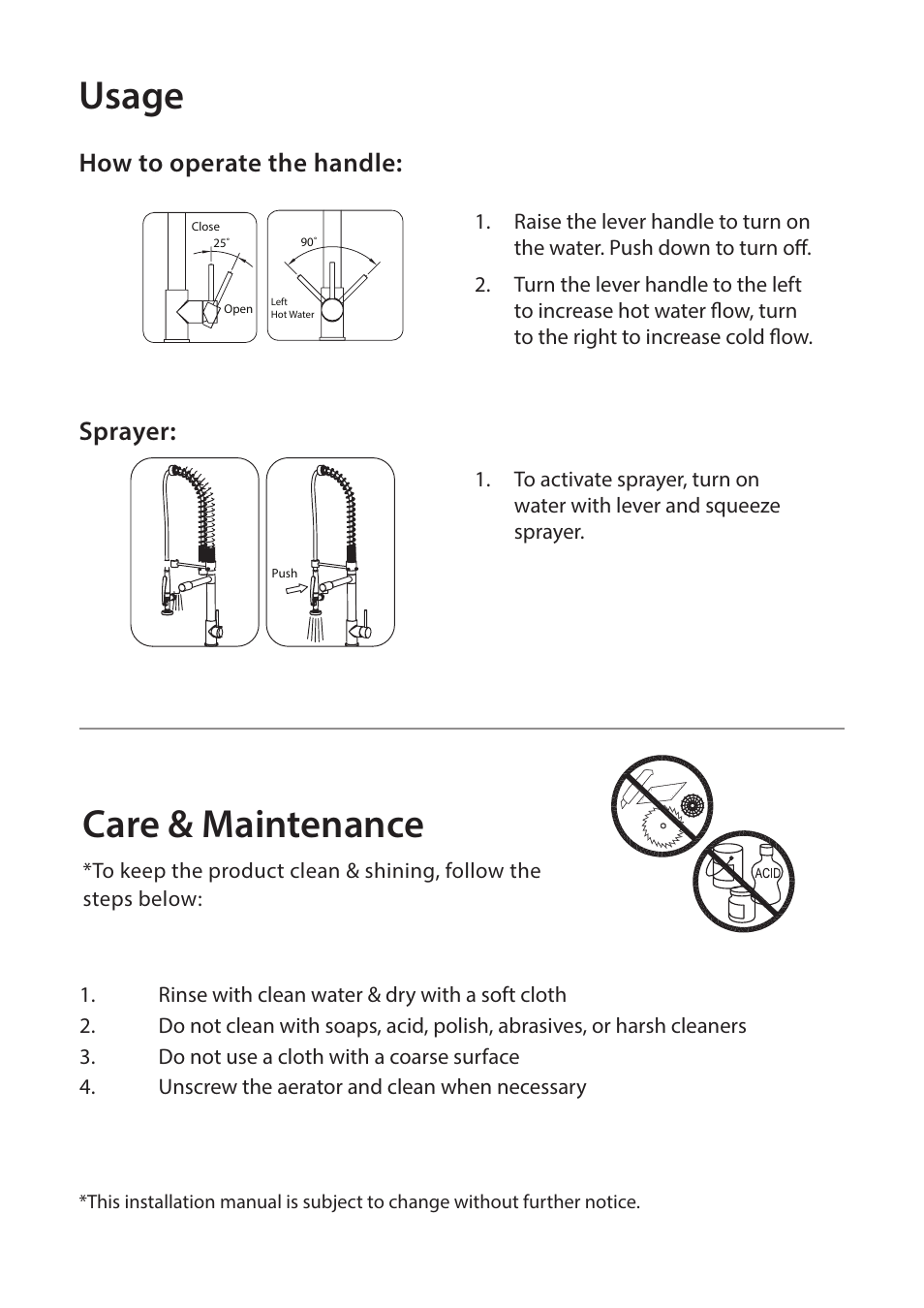 Usage, Care & maintenance, Sprayer: how to operate the handle | Kraus KHU123-32-KPF1602-KSD30 User Manual | Page 9 / 12