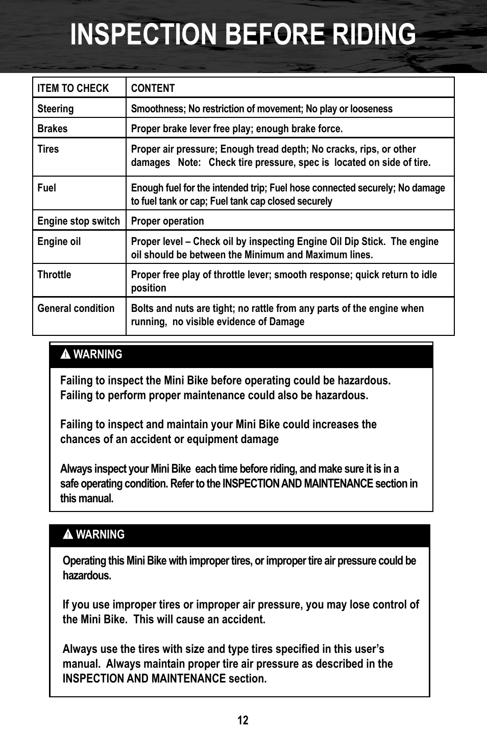 Inspection before riding | Bajaj Electricals DB30 User Manual | Page 15 / 33
