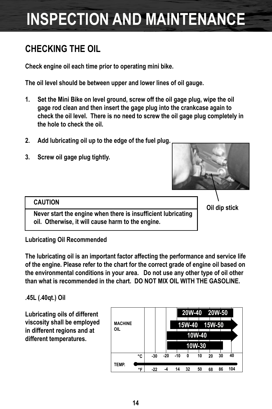 Inspection and maintenance, Checking the oil | Bajaj Electricals DB30 User Manual | Page 17 / 33