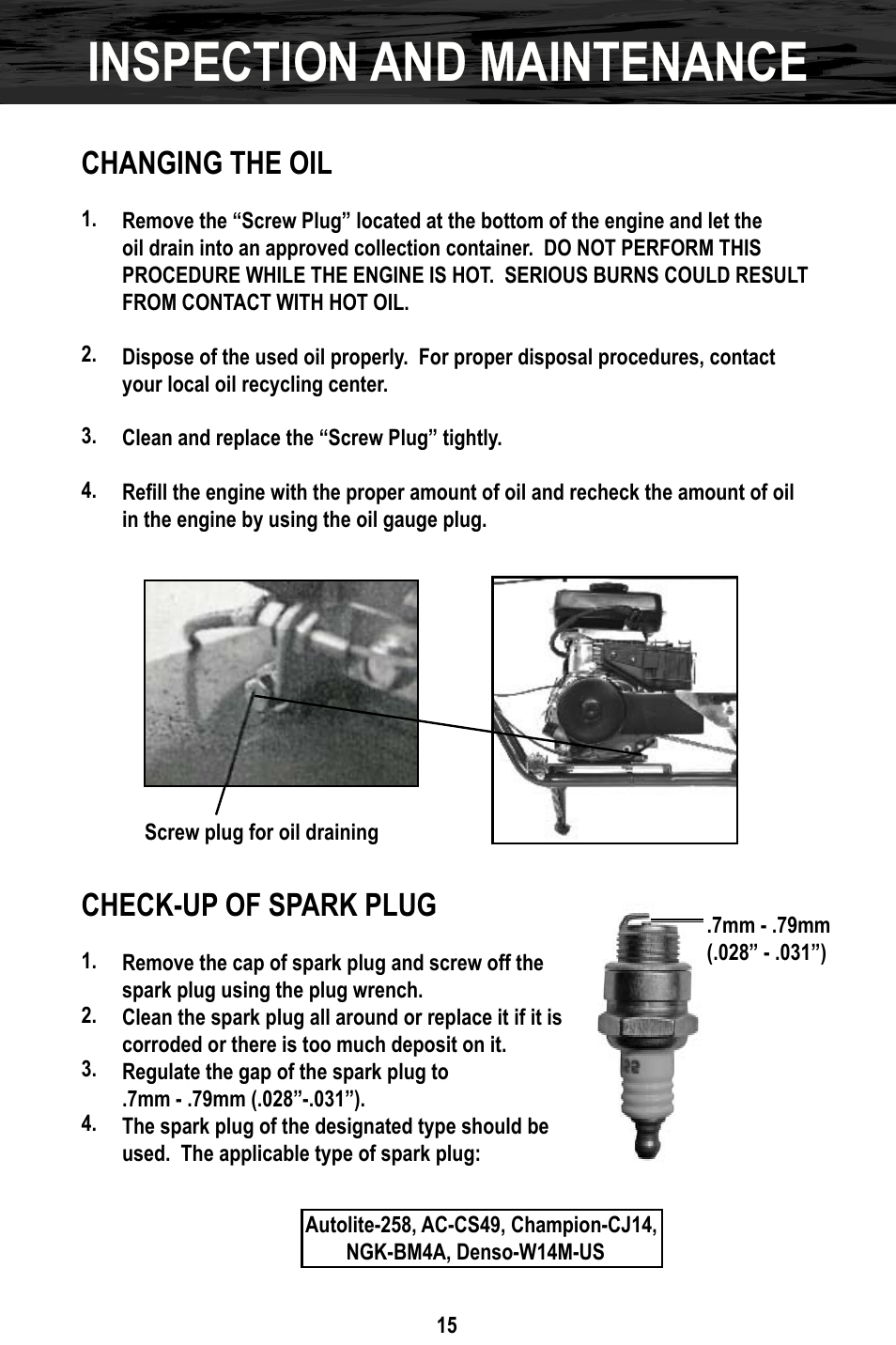Inspection and maintenance, Changing the oil, Check-up of spark plug | Bajaj Electricals DB30 User Manual | Page 18 / 33