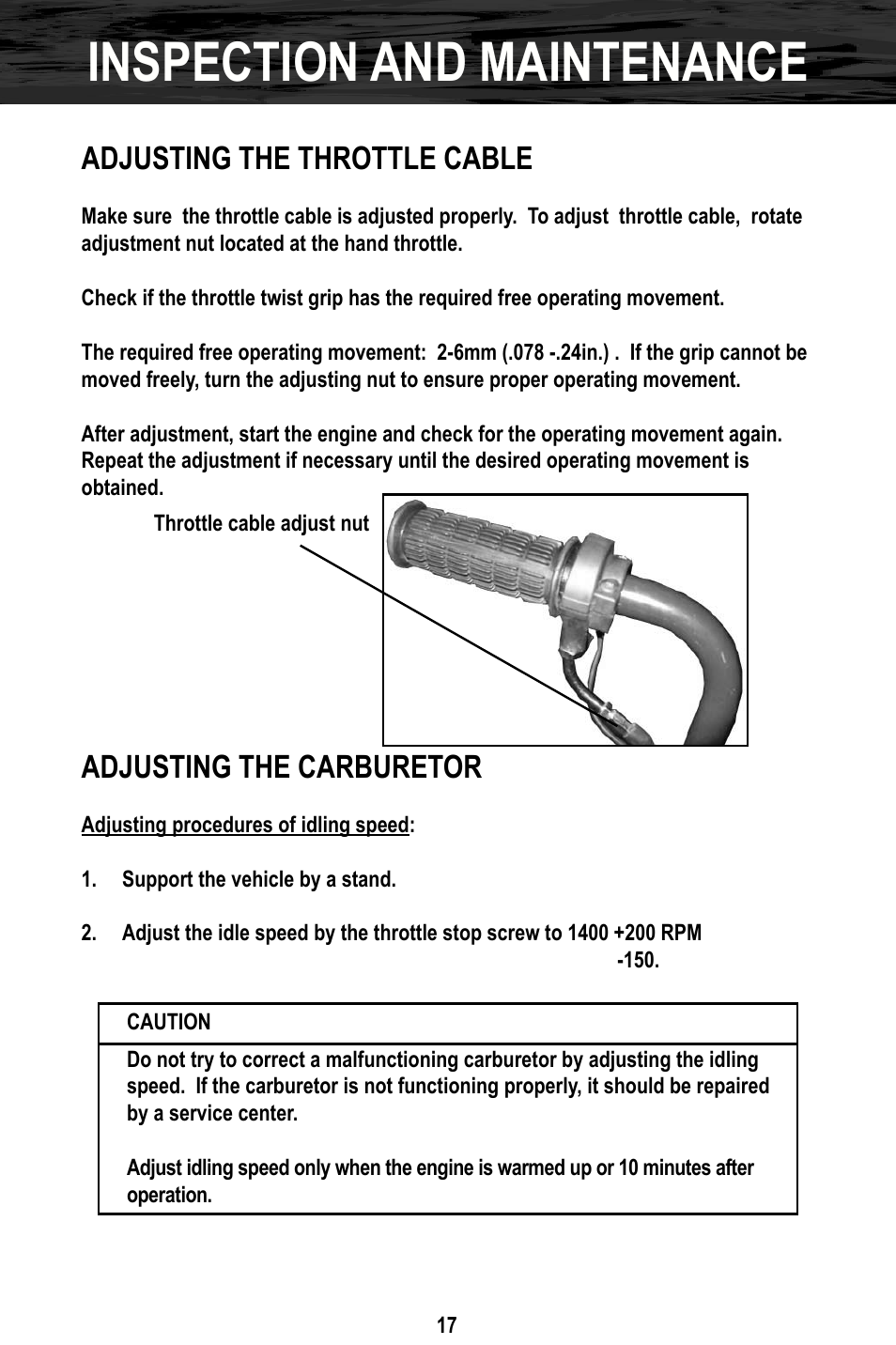 Inspection and maintenance, Adjusting the throttle cable, Adjusting the carburetor | Bajaj Electricals DB30 User Manual | Page 20 / 33