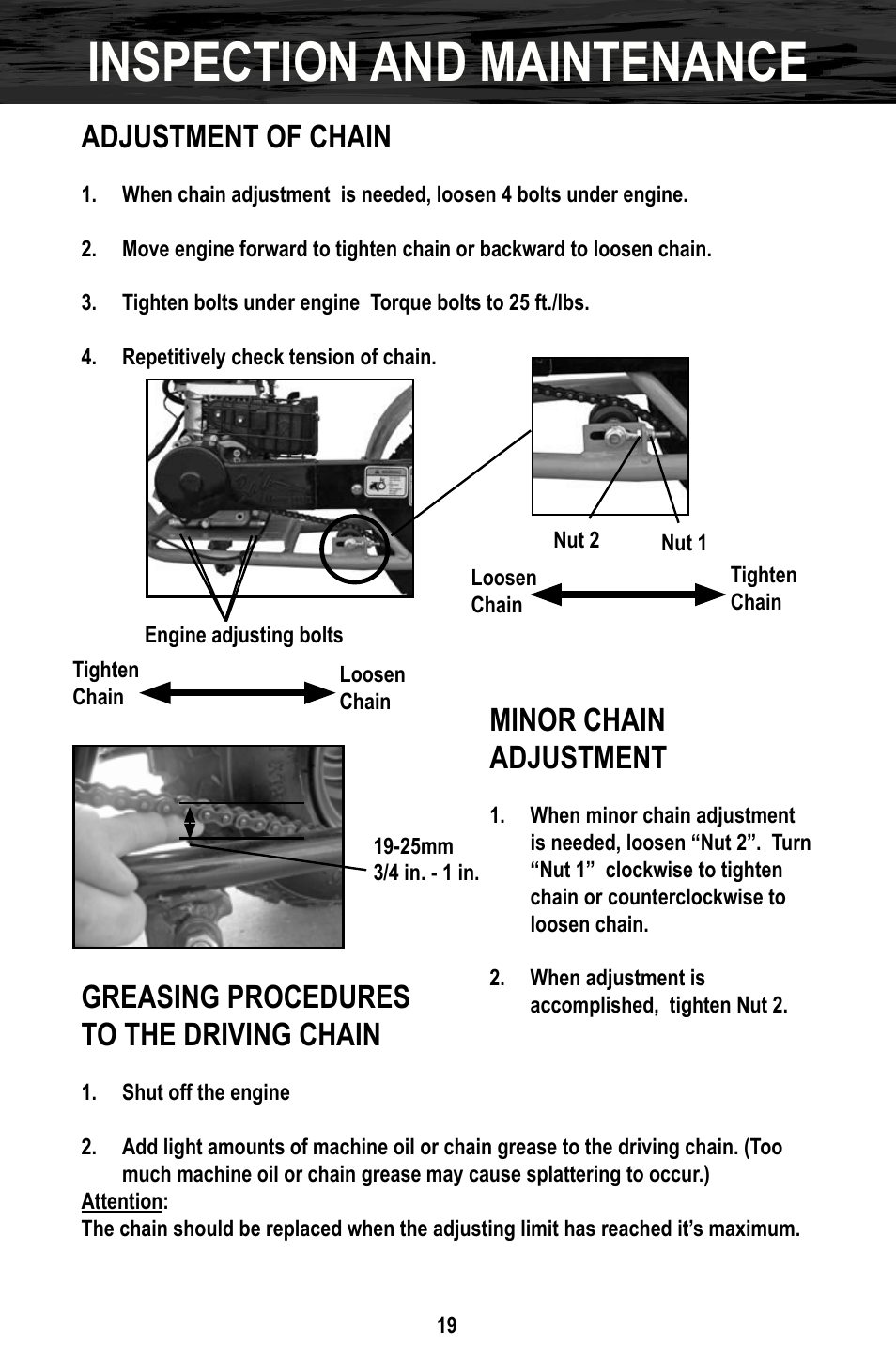 Inspection and maintenance, Greasing procedures to the driving chain, Adjustment of chain | Minor chain adjustment | Bajaj Electricals DB30 User Manual | Page 22 / 33