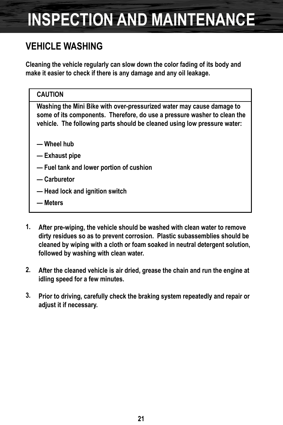 Inspection and maintenance, Vehicle washing | Bajaj Electricals DB30 User Manual | Page 24 / 33