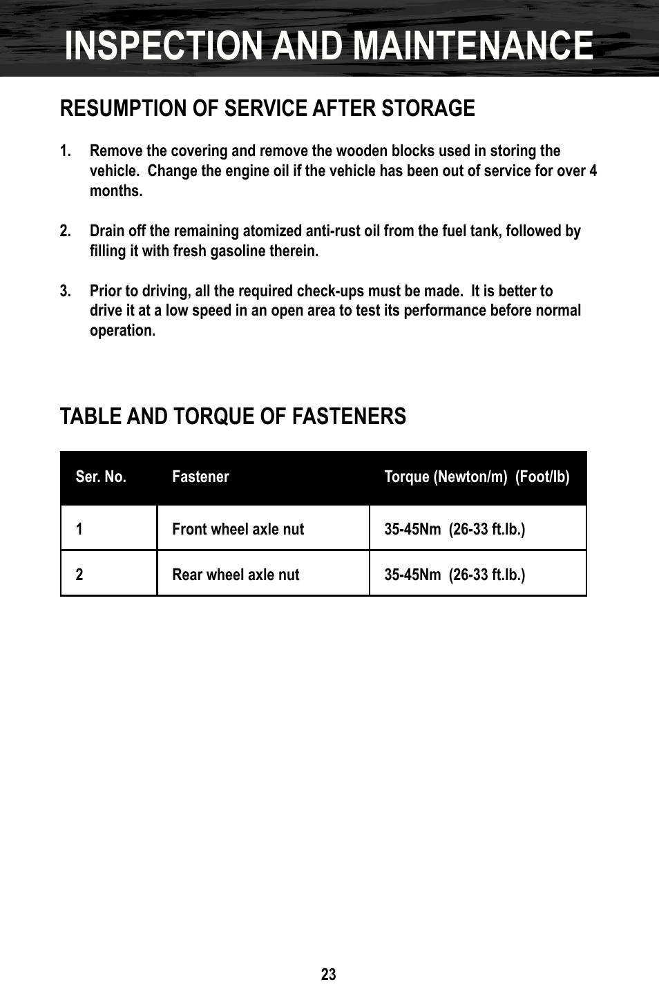 Inspection and maintenance, Resumption of service after storage, Table and torque of fasteners | Bajaj Electricals DB30 User Manual | Page 26 / 33