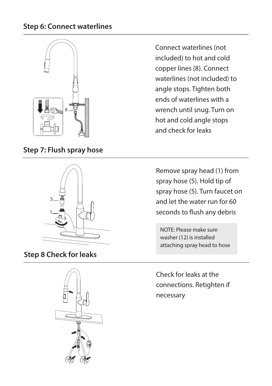 Step 7: flush spray hose step 8 check for leaks, Step 6: connect waterlines | Kraus KPF-1630 User Manual | Page 10 / 16