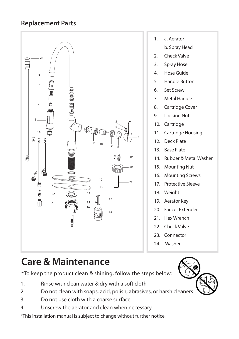Care & maintenance, Replacement parts | Kraus KPF-1630 User Manual | Page 11 / 16