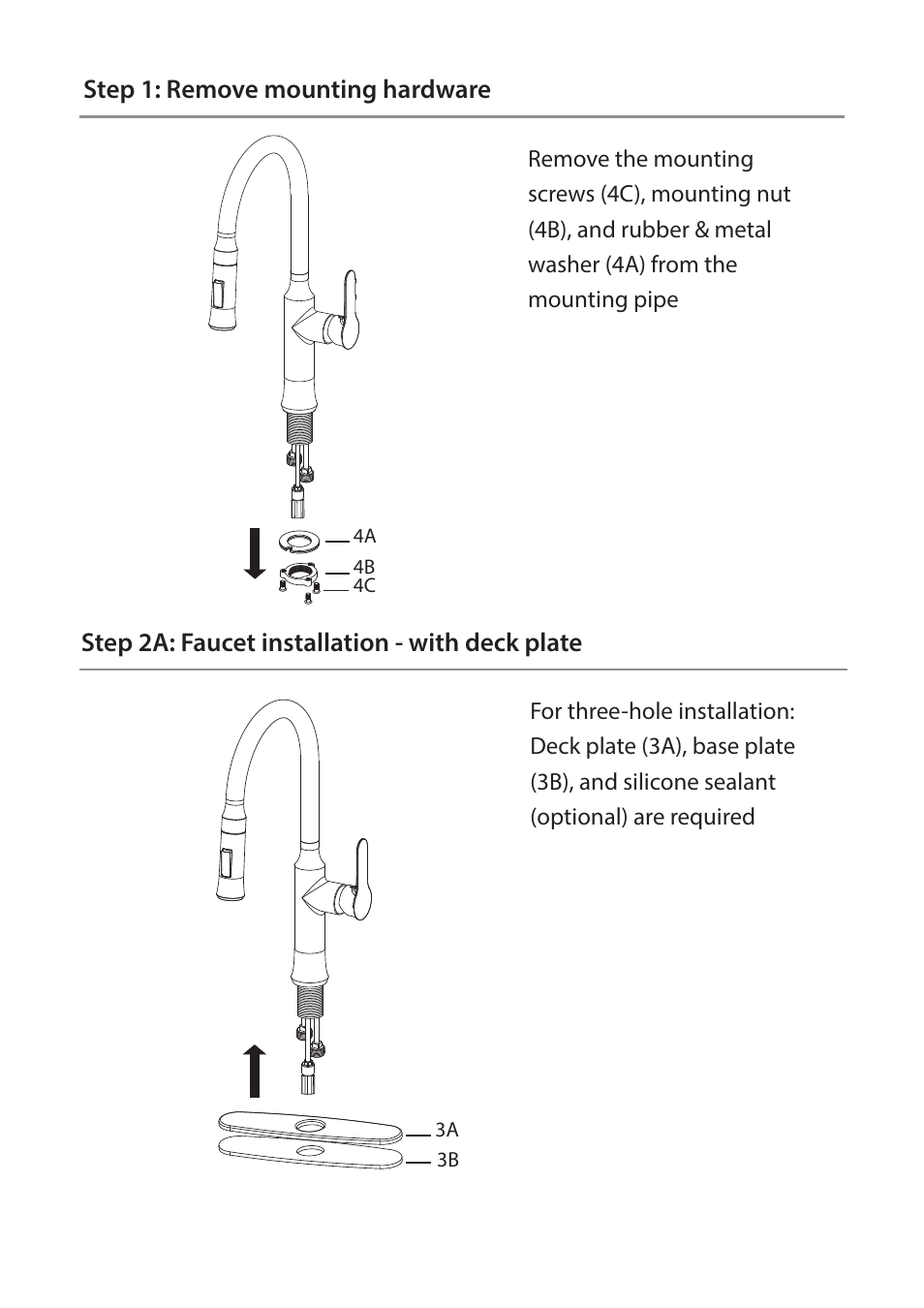 Step 1: remove mounting hardware, Step 2a: faucet installation - with deck plate | Kraus KPF-1630 User Manual | Page 7 / 16