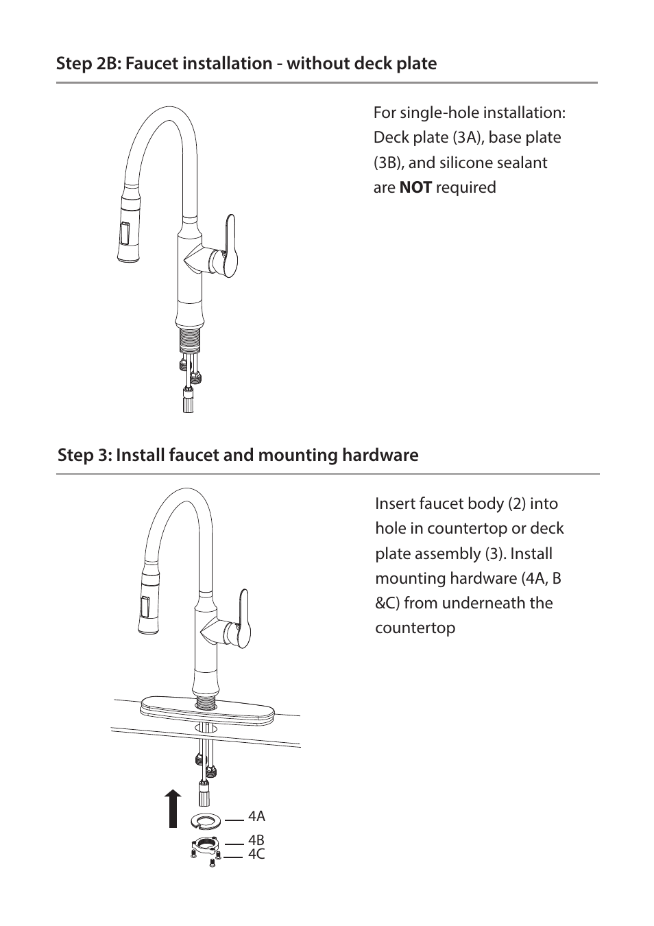 Step 3: install faucet and mounting hardware, Step 2b: faucet installation - without deck plate | Kraus KPF-1630 User Manual | Page 8 / 16