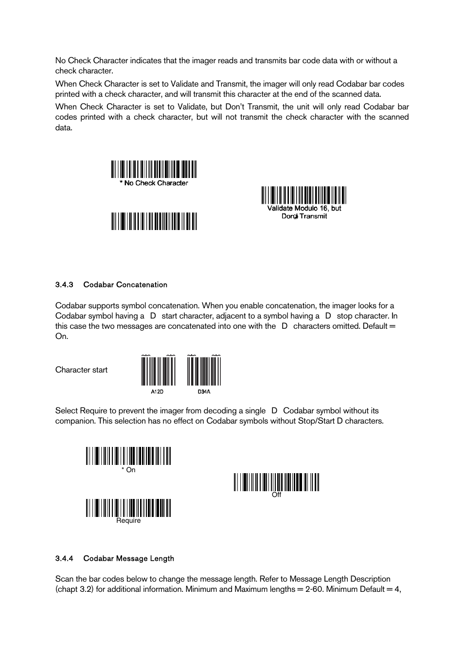 Codabar concatenation, Codabar message length | Baracoda BCM 2604 User Manual | Page 16 / 49