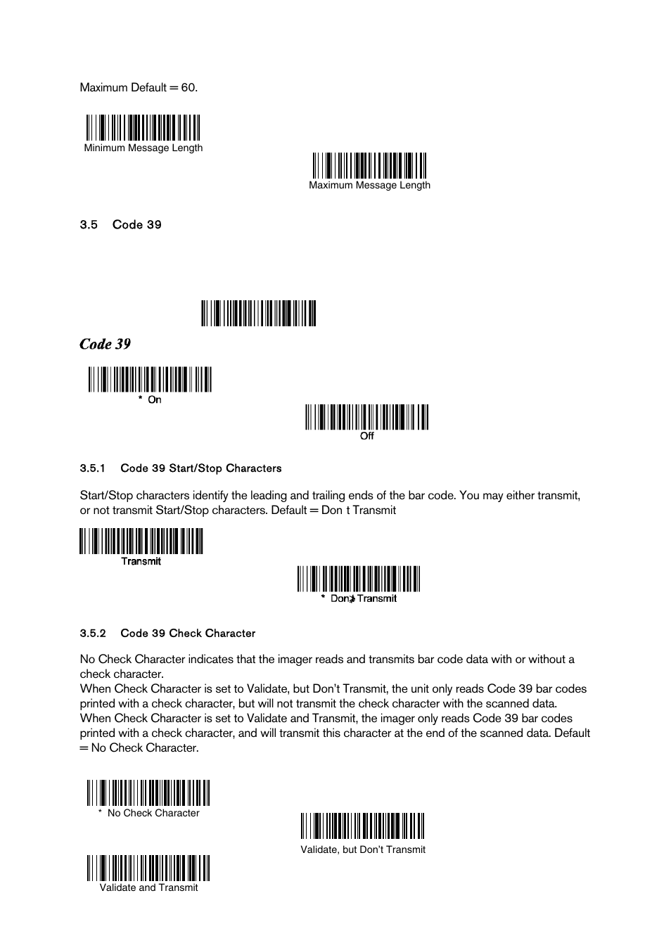 Code 39, Code 39 start/stop characters, Code 39 check character | Code 39 sta t/stop characters | Baracoda BCM 2604 User Manual | Page 17 / 49