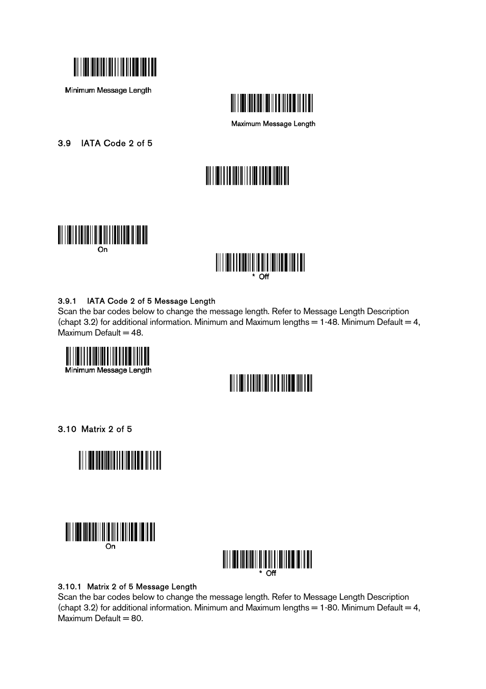 Iata code 2 of 5, Iata code 2 of 5 message length, Matrix 2 of 5 | Matrix 2 of 5 message length, Iata, Atrix | Baracoda BCM 2604 User Manual | Page 22 / 49