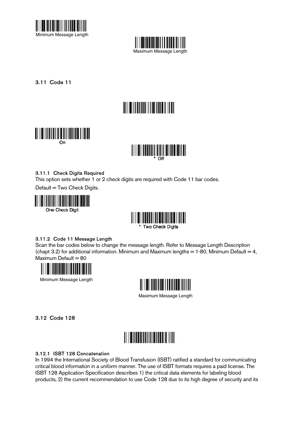 Code 11, Check digits required, Code 11 message length | Code 128, Isbt 128 concatenation | Baracoda BCM 2604 User Manual | Page 23 / 49