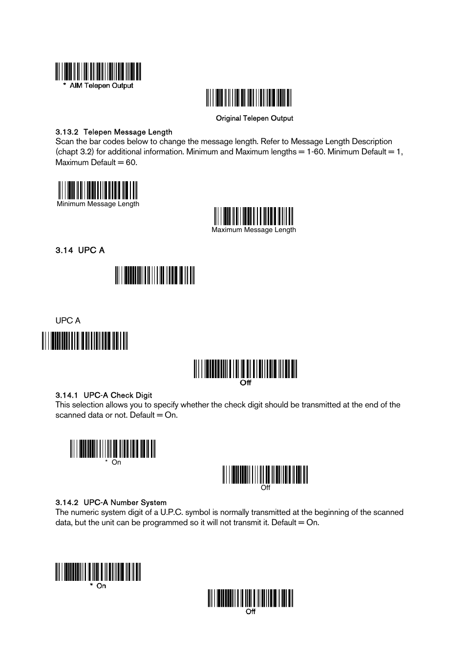 Telepen message length, Upc a, Upc-a check digit | Upc-a number system, Upc-a numbe sys em | Baracoda BCM 2604 User Manual | Page 25 / 49