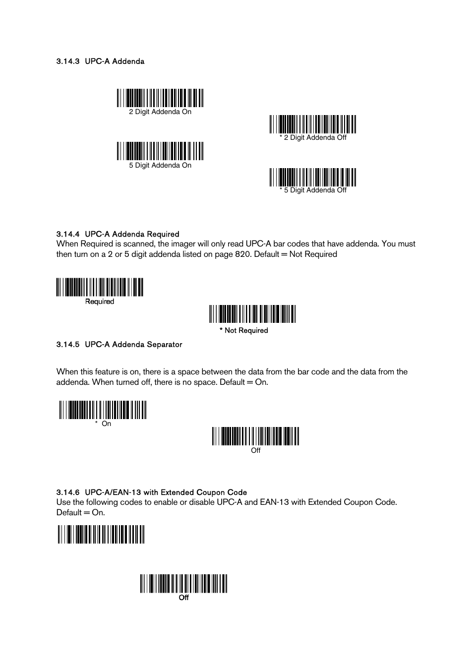 Upc-a addenda, Upc-a addenda required, Upc-a addenda separator | Upc-a/ean-13 with extended coupon code | Baracoda BCM 2604 User Manual | Page 26 / 49
