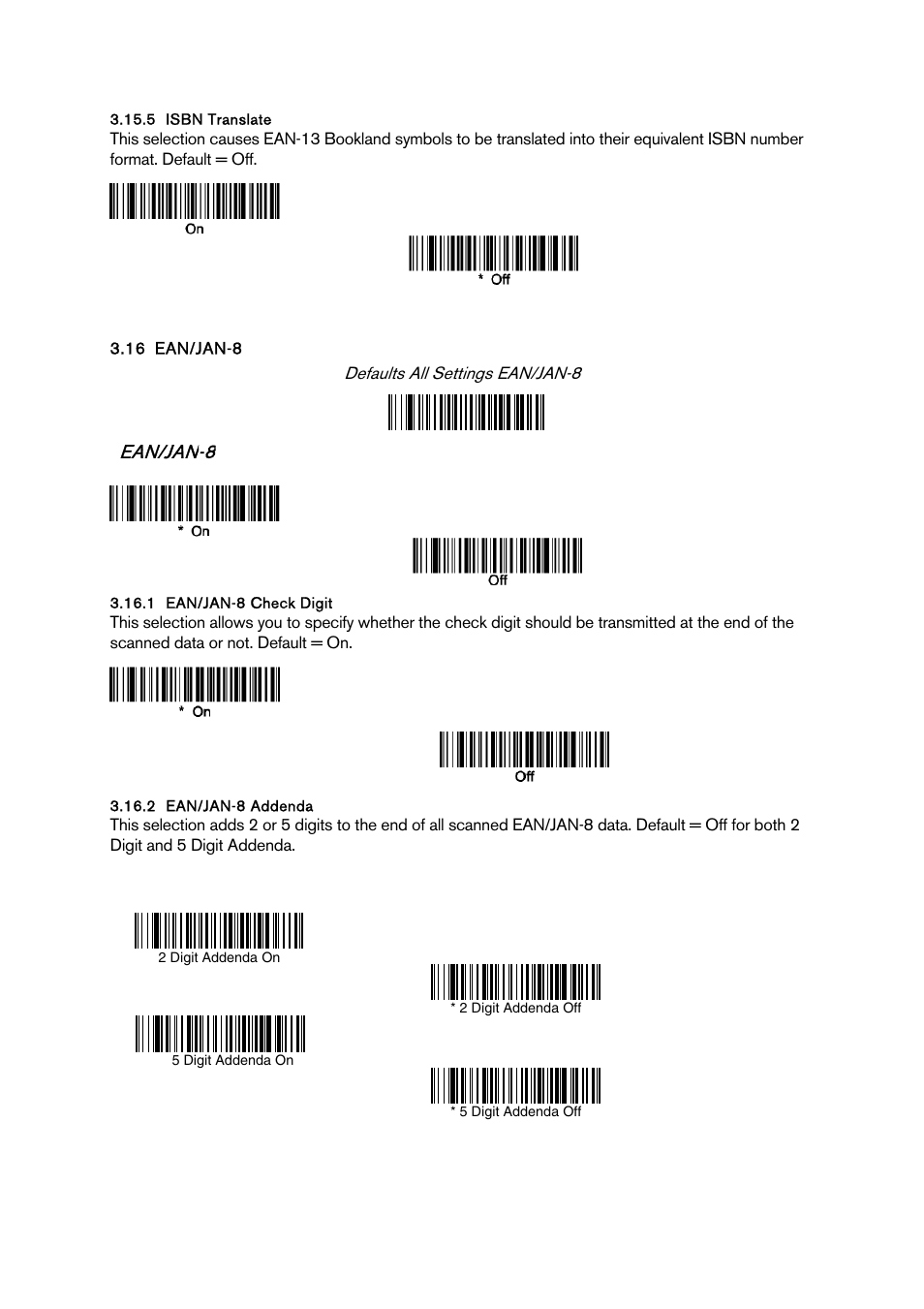 Isbn translate, Ean/jan-8, Ean/jan-8 check digit | Ean/jan-8 addenda | Baracoda BCM 2604 User Manual | Page 30 / 49