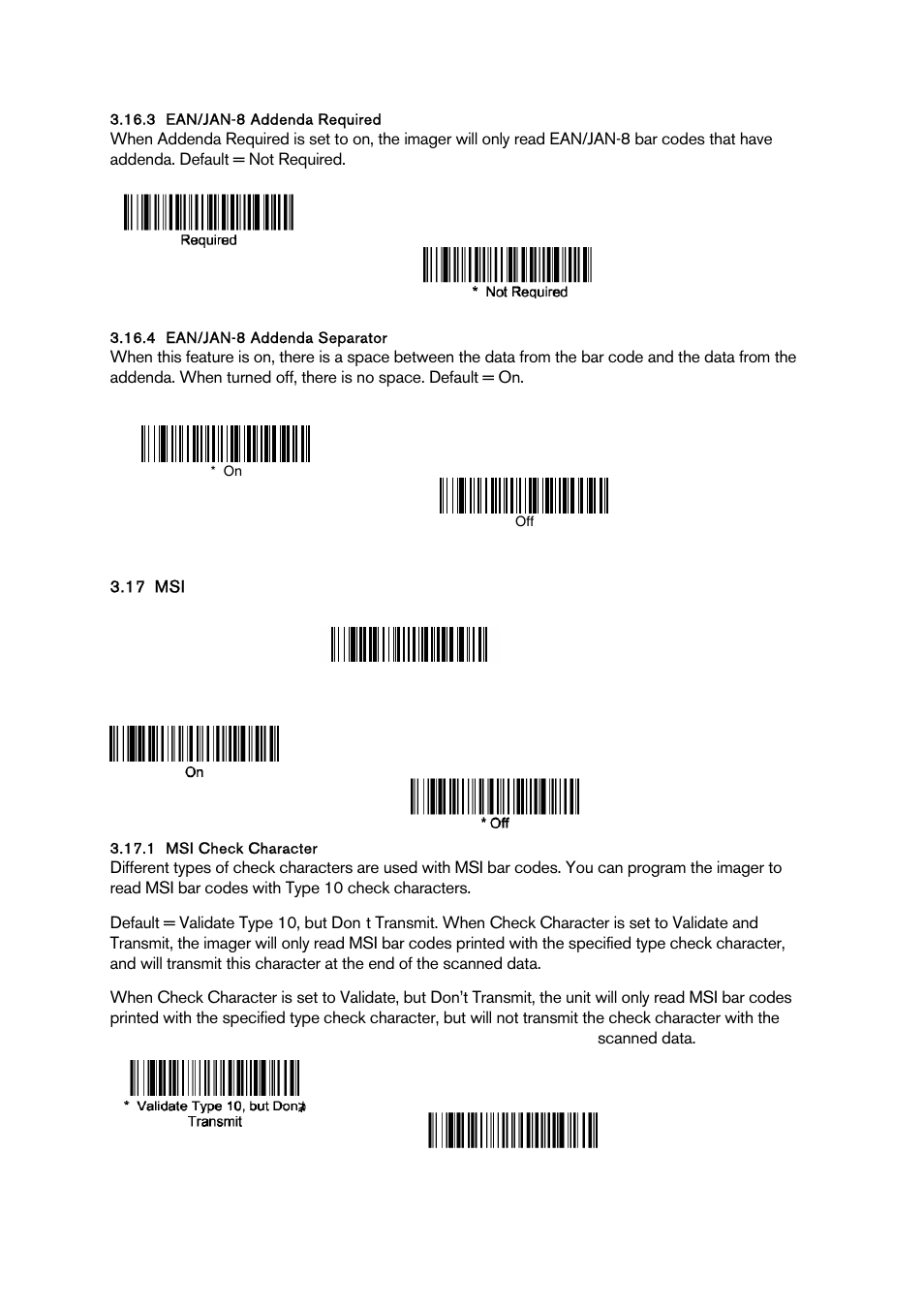 Ean/jan-8 addenda required, Ean/jan-8 addenda separator, Msi check character | Msi check charac er | Baracoda BCM 2604 User Manual | Page 31 / 49