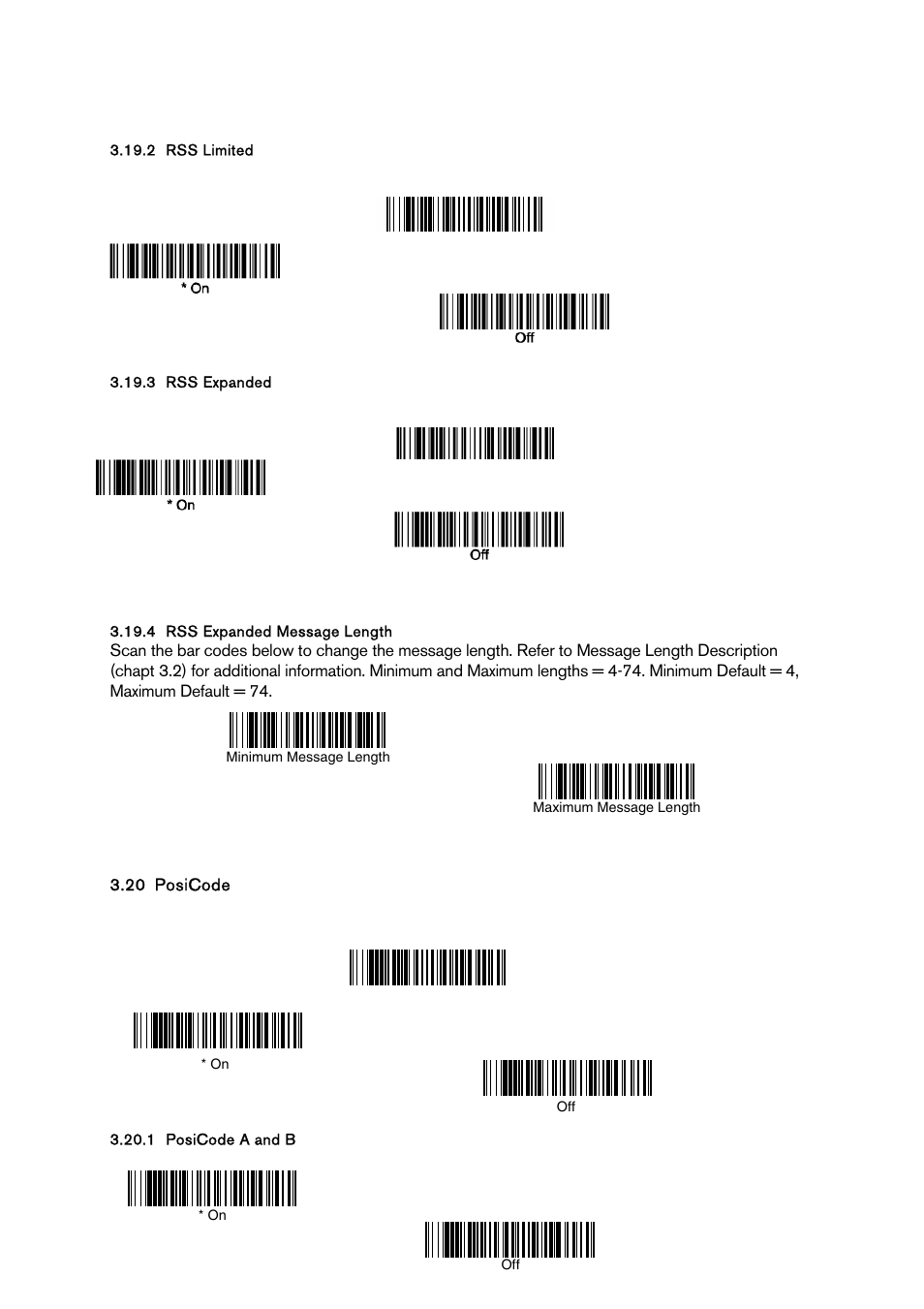 Rss limited, Rss expanded, Rss expanded message length | Posicode, Posicode a and b | Baracoda BCM 2604 User Manual | Page 33 / 49