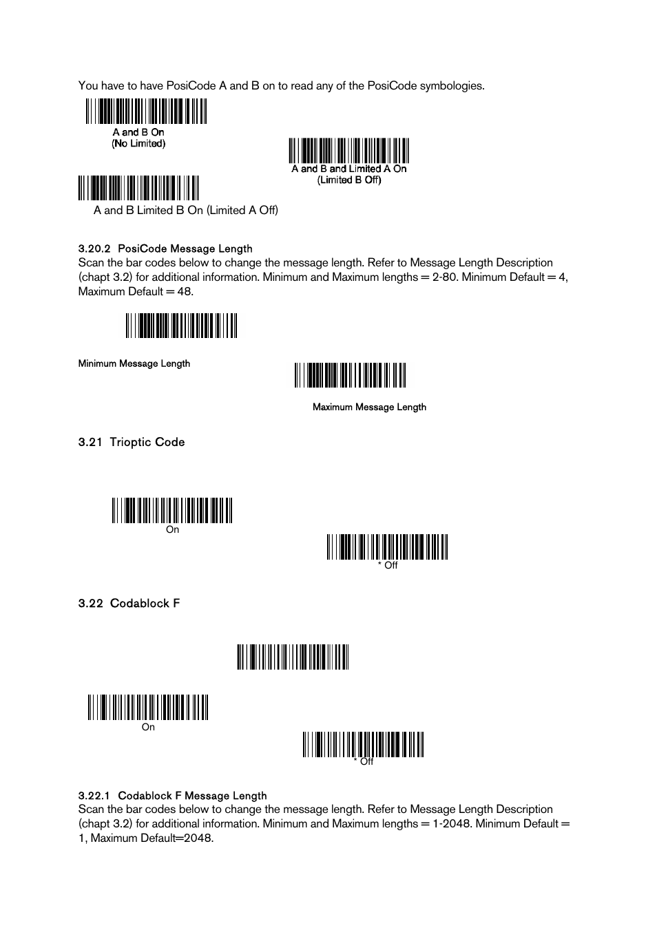 Posicode message length, Trioptic code, Codablock f | Codablock f message length, Rioptic, Odablock | Baracoda BCM 2604 User Manual | Page 34 / 49