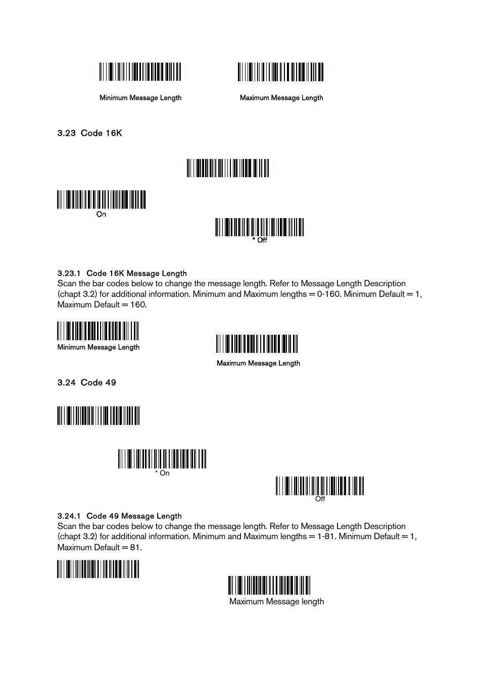 Code 16k, Code 16k message length, Code 49 | Code 49 message length | Baracoda BCM 2604 User Manual | Page 35 / 49