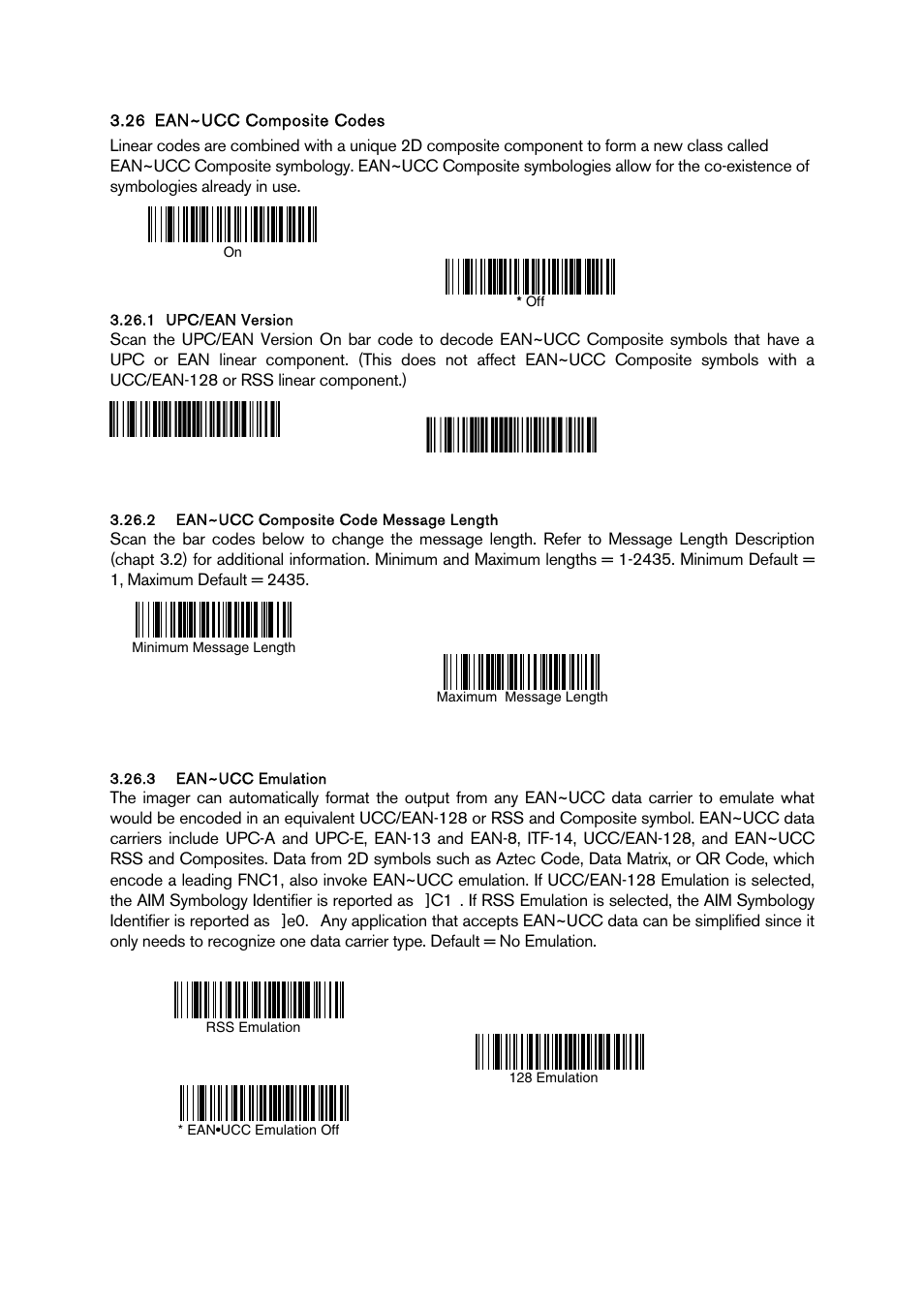 Ean~ucc composite codes, Upc/ean version, Ean~ucc composite code message length | Ean~ucc emulation, Ean~ucc, Omposite, Odes, Ean~ucc emu ation | Baracoda BCM 2604 User Manual | Page 37 / 49