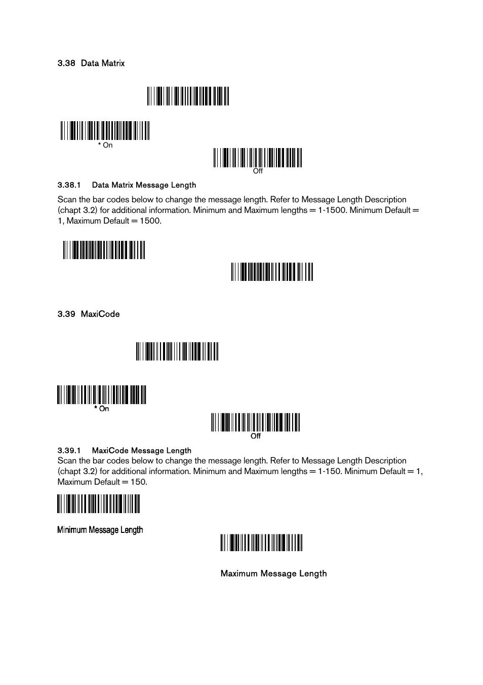 Data matrix, Data matrix message length, Maxicode | Maxicode message length, Atrix | Baracoda BCM 2604 User Manual | Page 41 / 49